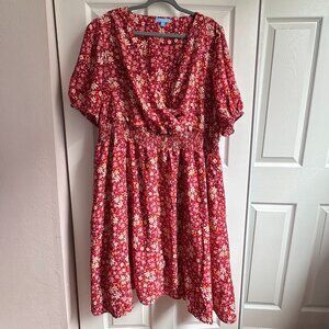 Floral V-Neck Short Sleeve Dress - Red